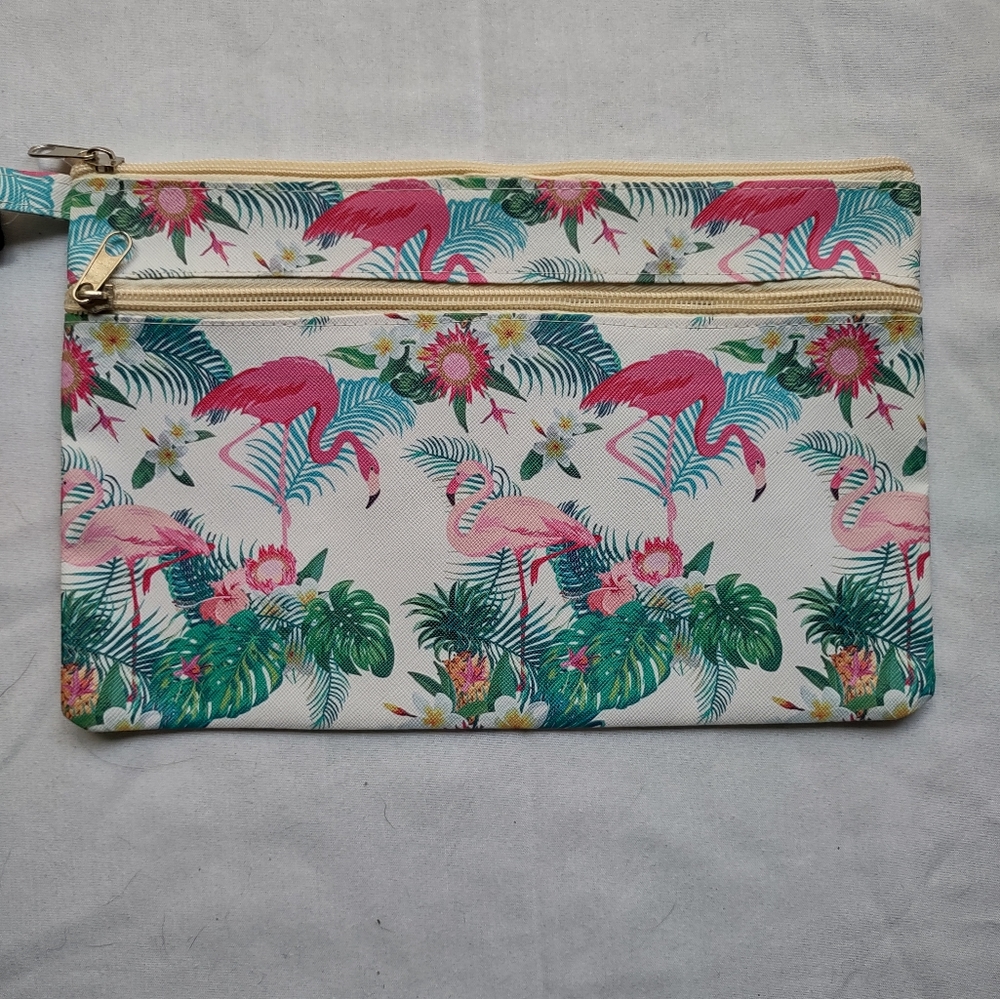 Floral Pink Flamingo Print Clutch Spring Summer Beach Vacation Boho Coastal